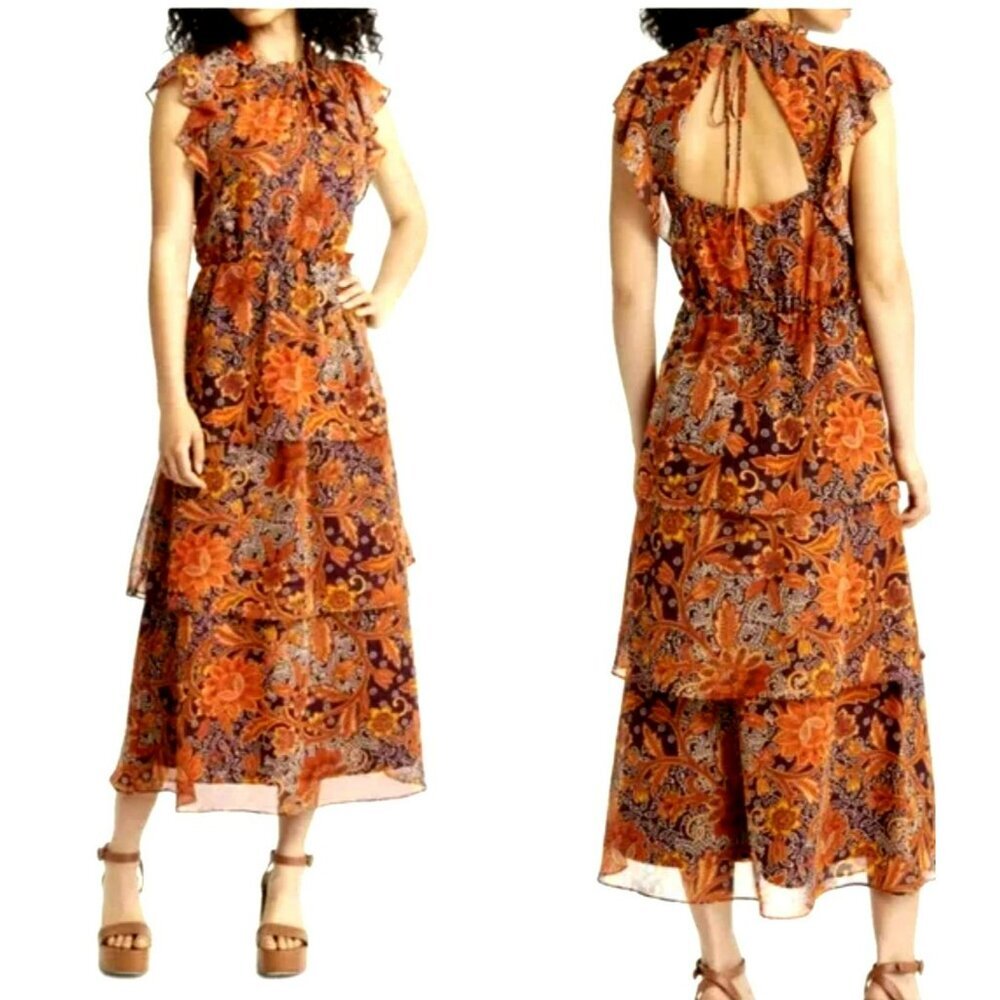 Julia Jordan Fall Floral Tiered Flutter Sleeve Midi Dress NWT Sz 12